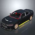 Black Modern Sports Sedan With Red Roof Gold Wheels And Yellow Side Stripes