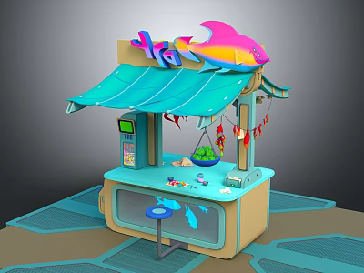 Vibrant Fish Seafood Stall Featuring Blue Awning Colorful Fish Decoration And Customer Stool 3d model