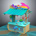 Vibrant Fish Seafood Stall Featuring Blue Awning Colorful Fish Decoration And Customer Stool