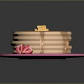 Delicious Stack of Pancakes with Butter Syrup and Fresh Strawberry on Pink Plate