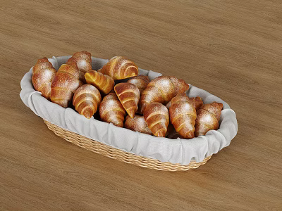 Freshly Baked Croissants in Woven Basket with White Cloth on Wooden Table 3d model