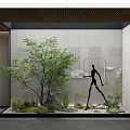 Modern Scenic Feature Wall Design With Green Plants Black Sculpture And Pebble Ground
