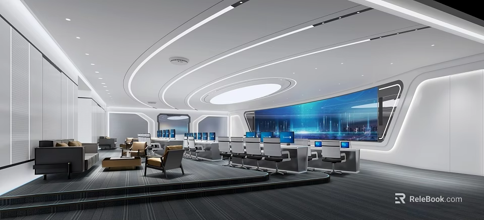 Modern Public Office Space Interior With Workstations Computers And Comfortable Seating 3d model 