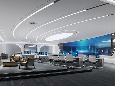 Modern Public Office Space Interior With Workstations Computers And Comfortable Seating 3d model