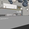 Modern Cafe Open Space Featuring Gray Spherical Pendant Lights Curved Walls Bar Counter Greenery