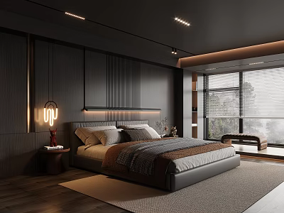 Modern Dark Bedroom Interior With Dark Wood Paneling Bedside LED Strip And Large Window Blinds 3d model