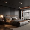 Modern Dark Bedroom Interior With Dark Wood Paneling Bedside LED Strip And Large Window Blinds