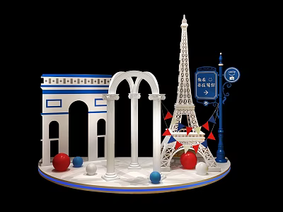 Paris Themed Photo Check In Spot with Eiffel Tower Arches Columns Street Sign And Balloons 3d model