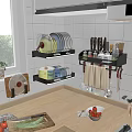 Wall Mounted Kitchen Utensil Racks With Plates Bowls Knives Spice Jars And Towels