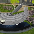 Modern Hotel Building With Green Surroundings Outdoor Terrace And Water Feature