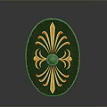 Oval Decorative Shield With Green Background Yellow Floral Pattern And Metal Center Ornament