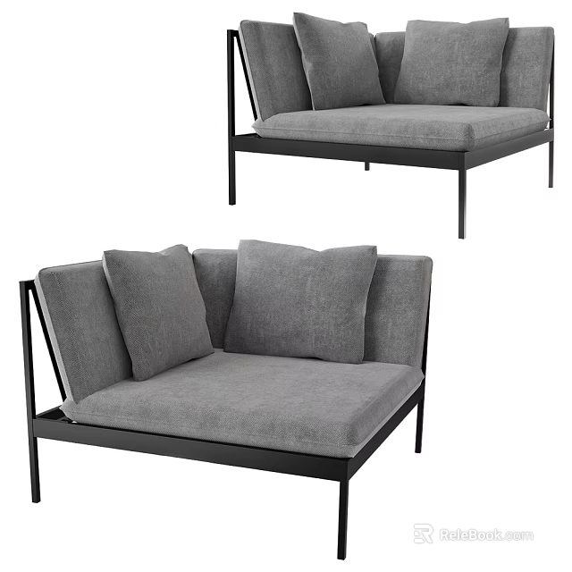 Gray Single Sofa With Soft Cushions And Black Metal Frame Design 3d model