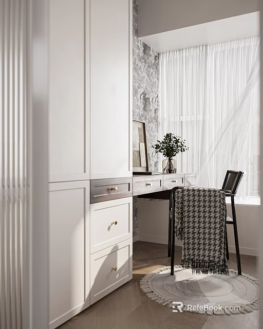 Modern Home Office Desk With White Cabinet Marble Wall Curtain And Chair With Plaid Blanket 3d model 