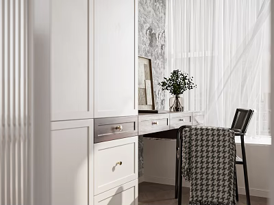 Modern Home Office Desk With White Cabinet Marble Wall Curtain And Chair With Plaid Blanket 3d model