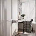 Modern Home Office Desk With White Cabinet Marble Wall Curtain And Chair With Plaid Blanket