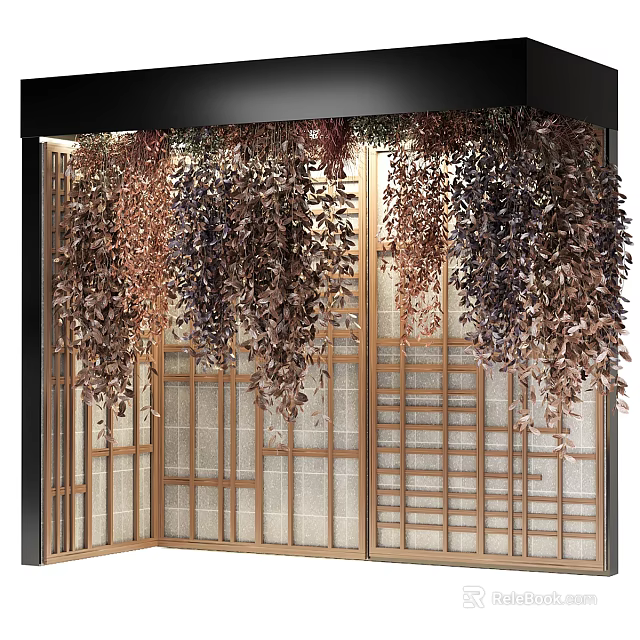 Decorative Green Plant Wall With Hanging Foliage Wooden Grid And Glass Background 3d model 