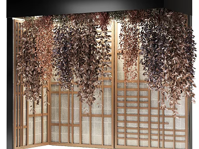 Decorative Green Plant Wall With Hanging Foliage Wooden Grid And Glass Background 3d model