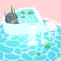 Cartoon Scene Featuring White Piano In Water With Lily Pads Stones Grass And Bench