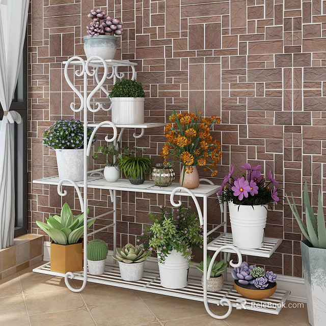 Multi tiered White Metal Plant Stand With Potted Succulents Colorful Flowers And Brown Brick Wall 3d model 