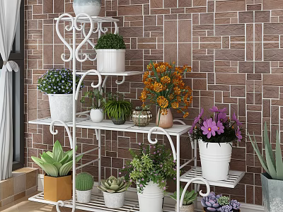 Multi tiered White Metal Plant Stand With Potted Succulents Colorful Flowers And Brown Brick Wall 3d model