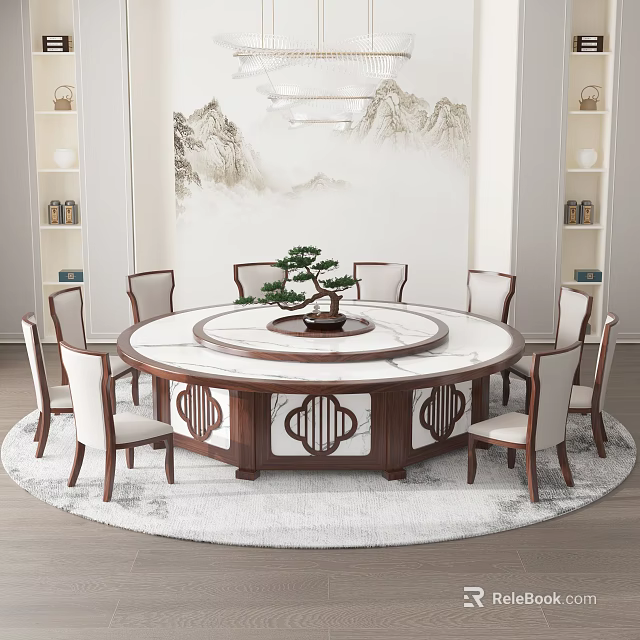 Round Dining Table Set With Small Bonsai Traditional Chinese Painting And Multiple Chairs 3d model 