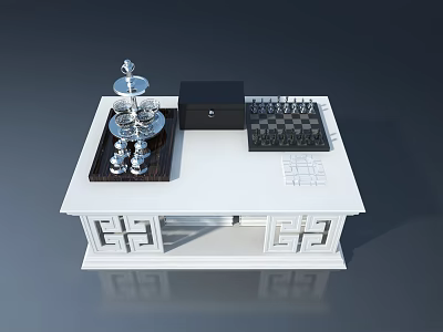 White Cabinet With Modern Swing Doors Geometric Patterns And Decorative Top Items 3d model