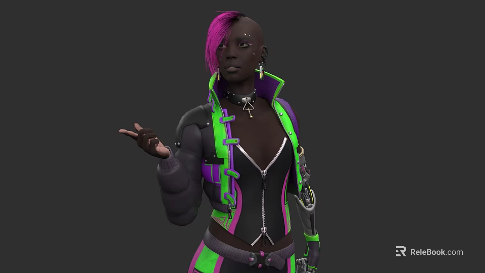 Woman With Pink Hair Bald Head In Stylish Black Green Purple Futuristic Jacket 3d model 