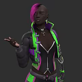 Woman With Pink Hair Bald Head In Stylish Black Green Purple Futuristic Jacket