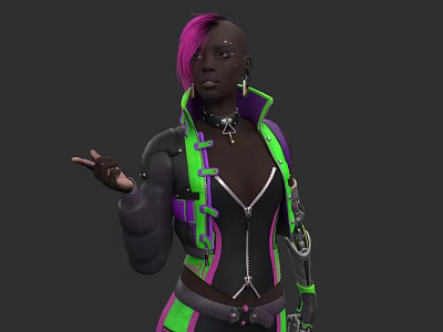 Woman With Pink Hair Bald Head In Stylish Black Green Purple Futuristic Jacket 3d model