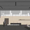 Front Desk Reception in Spacious Bright Lobby With Black Counter Marble Flooring and Glass Walls