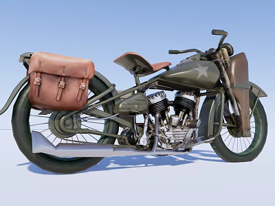 Vintage Military Green Motorcycle With Brown Leather Side Bag And Metal Engine Details 3d model