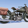 Vintage Military Green Motorcycle With Brown Leather Side Bag And Metal Engine Details