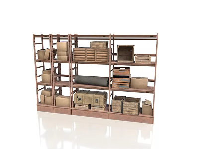 Wooden Storage Shelf With Multiple Layers Holding Various Boxes And Storage Containers 3d model
