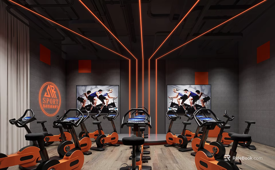 Modern Gym With Spin Bikes Orange Lighting And Sports Screens 3d model 