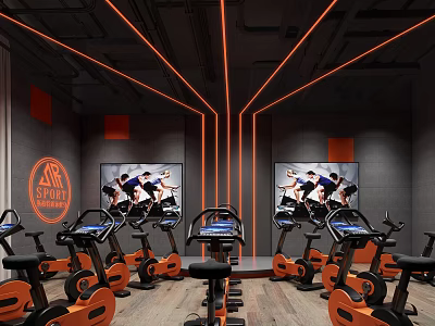 Modern Gym With Spin Bikes Orange Lighting And Sports Screens 3d model
