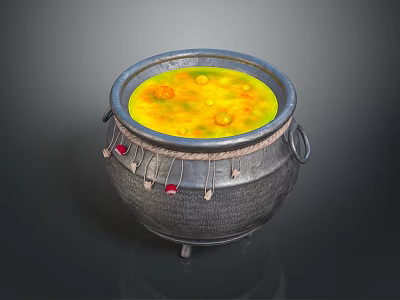 Hand Carved Clay Sculpture Vessel With Yellow Liquid Woven Trim And Red Decorations 3d model