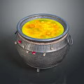 Hand Carved Clay Sculpture Vessel With Yellow Liquid Woven Trim And Red Decorations