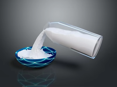 White Salt Pouring From Transparent Glass Bottle Into Blue Patterned Bowl 3d model