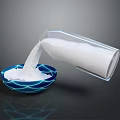 White Salt Pouring From Transparent Glass Bottle Into Blue Patterned Bowl