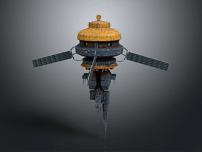 Spacecraft with Yellow Dome Black Body and Side Solar Panels for Orbital Cosmic Missions 3d model
