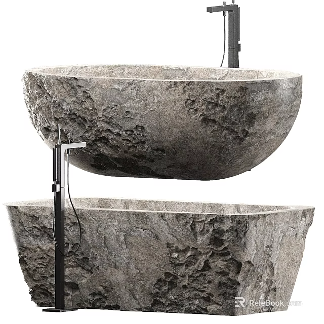 Double Natural Stone Bathtubs with Rough Textured Surface and Black Stand 3d model 