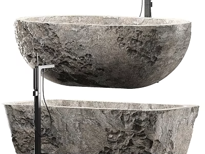 Double Natural Stone Bathtubs with Rough Textured Surface and Black Stand 3d model