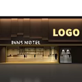 Modern Motel Facade Design With Brown Awning And Inn Motel Logo Sign