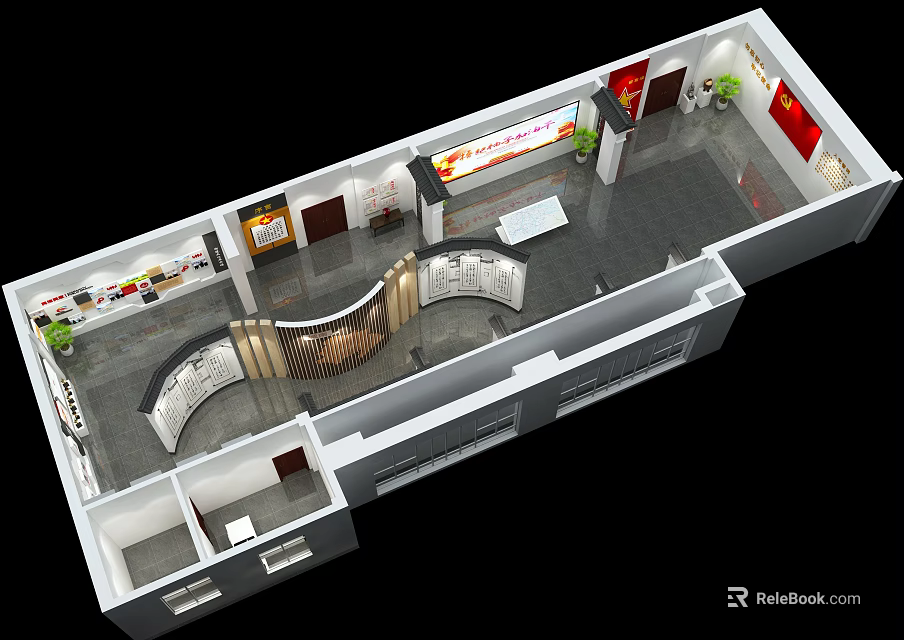 Aerial View Plan of Modern Office Space With Reception Desk Display Area and Green Plants 3d model 