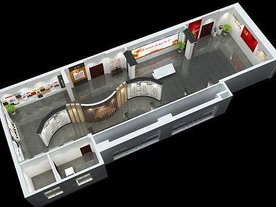 Aerial View Plan of Modern Office Space With Reception Desk Display Area and Green Plants 3d model