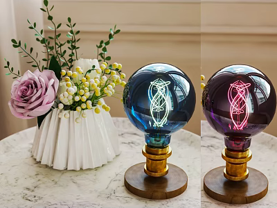 Decorative Ornament Set with White Vase Pink Rose Blue Purple Light Bulb Ornaments Wooden Base 3d model