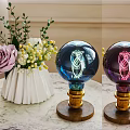Decorative Ornament Set with White Vase Pink Rose Blue Purple Light Bulb Ornaments Wooden Base