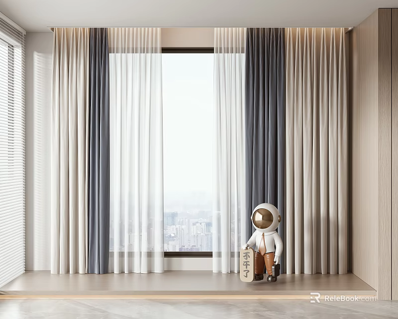 Modern Gray And White Linen Curtains For Living Room Window Decoration 3d model 