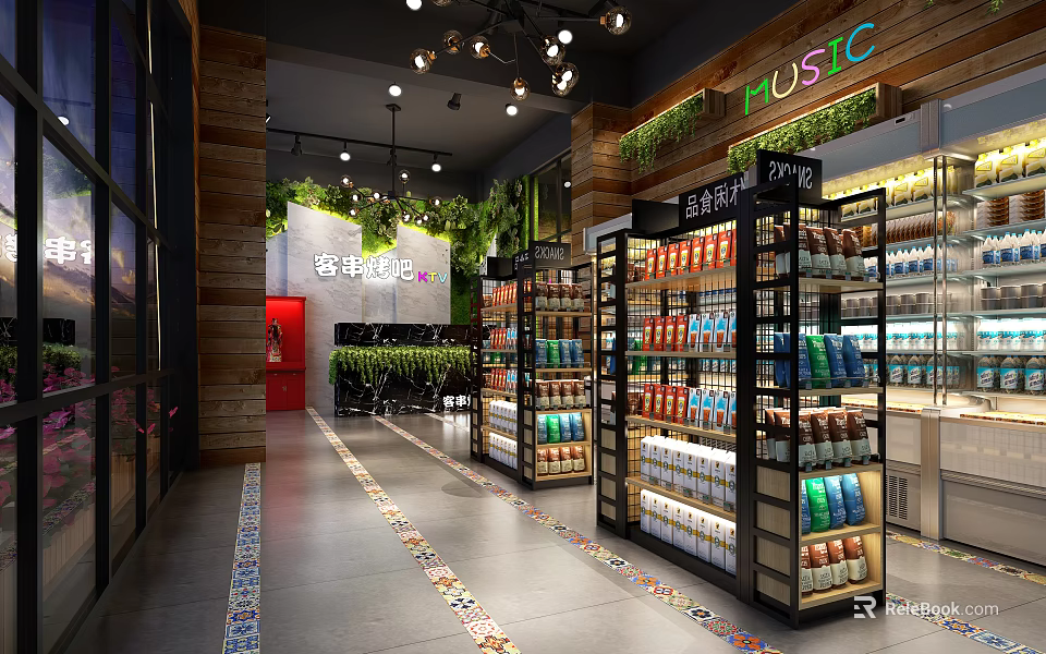 Modern Supermarket Interior With Shelves Full Of Grocery Products And Decorative Plants 3d model 