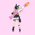 Woman With Rabbit Ears Holding Carrot Weapon In Black Top White Shorts Against Pink Background